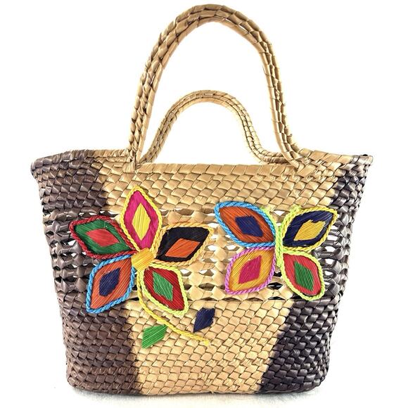 Handwoven Palm Leaf Tote Bag w/ Colorful Embroidered Butterflies Boho Beach - Picture 1 of 8